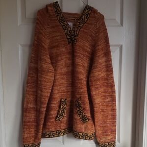 Bolovian Alpaca Boho Rustic Orange Knit Sweater with Patterned Trim
